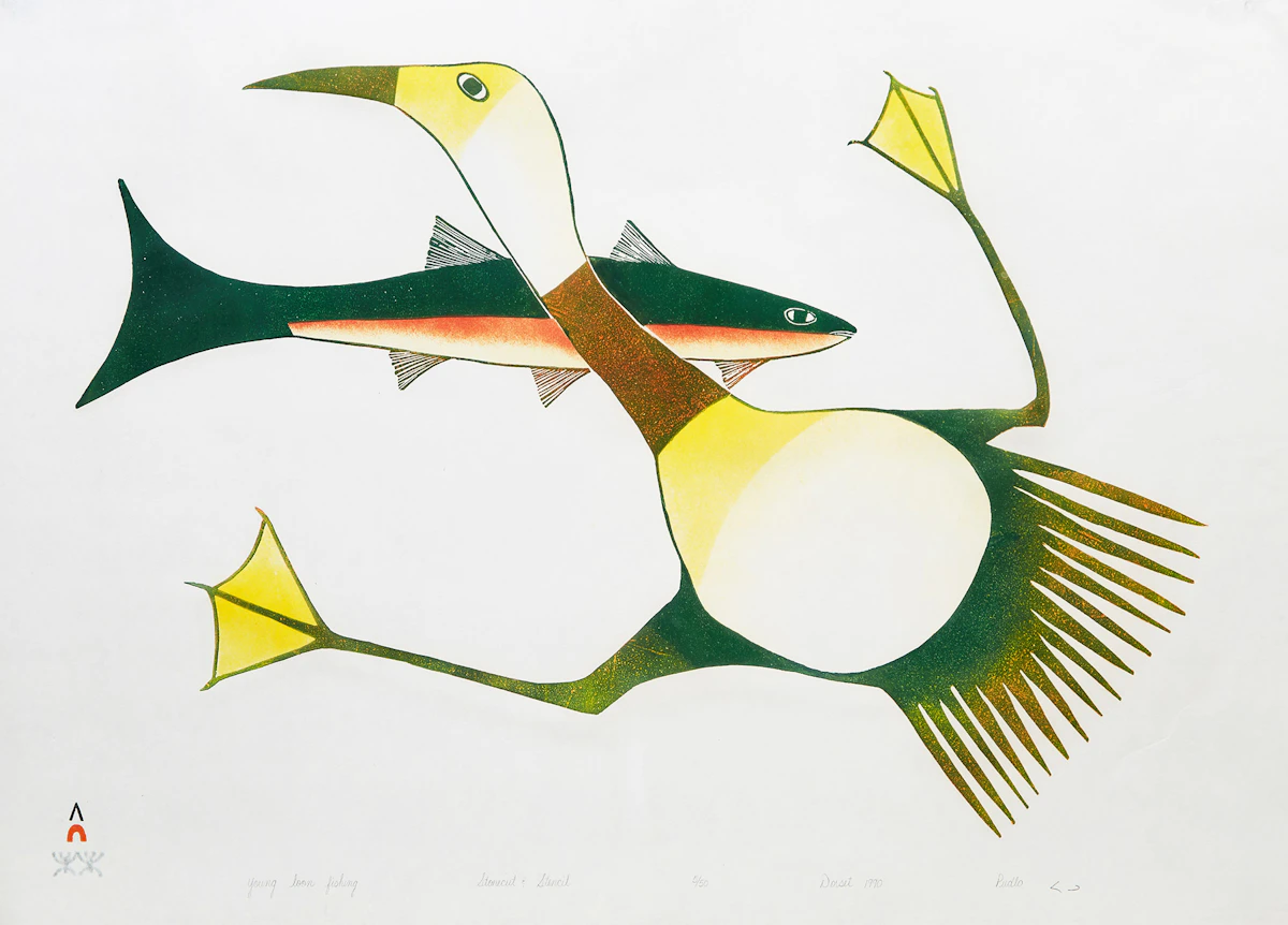 Pudlo Pudlat, Young Loon Fishing, stonecut and stencil, 1990