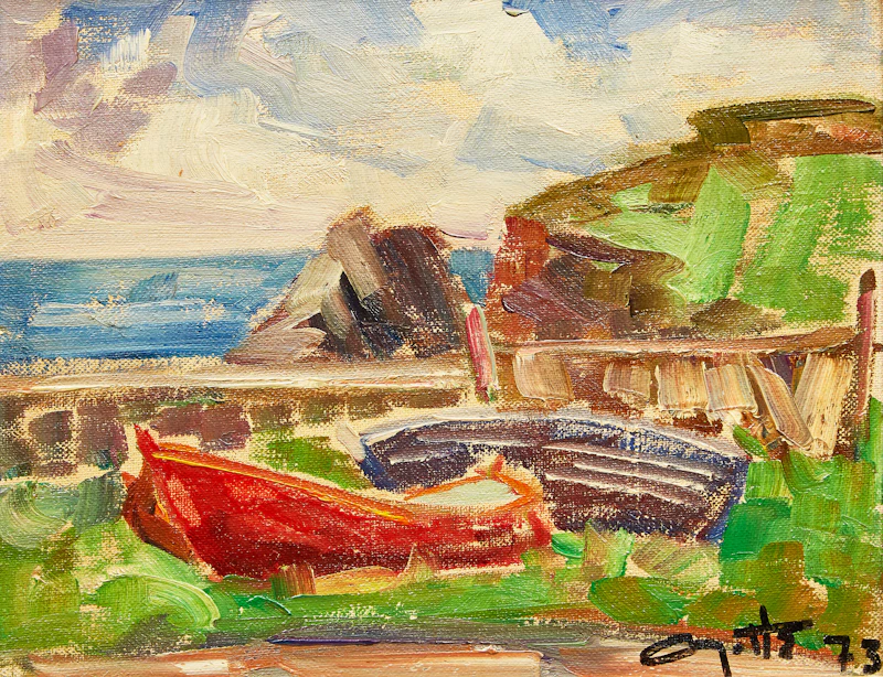 Leo Ayotte, Barques en Gaspésie, oil on canvas board