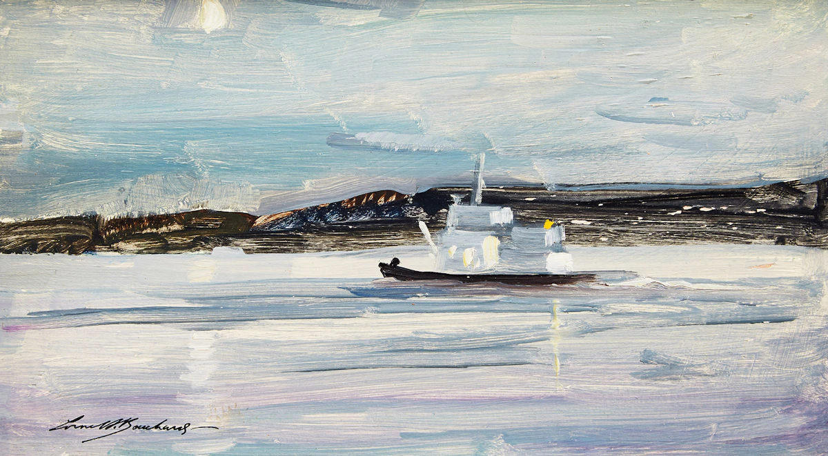 George Lorne Holland Bouchard, The Eckaloo Going Upstream - Mackenzie River (Near Fort Simpson) N.W.T, oil on board, 1962