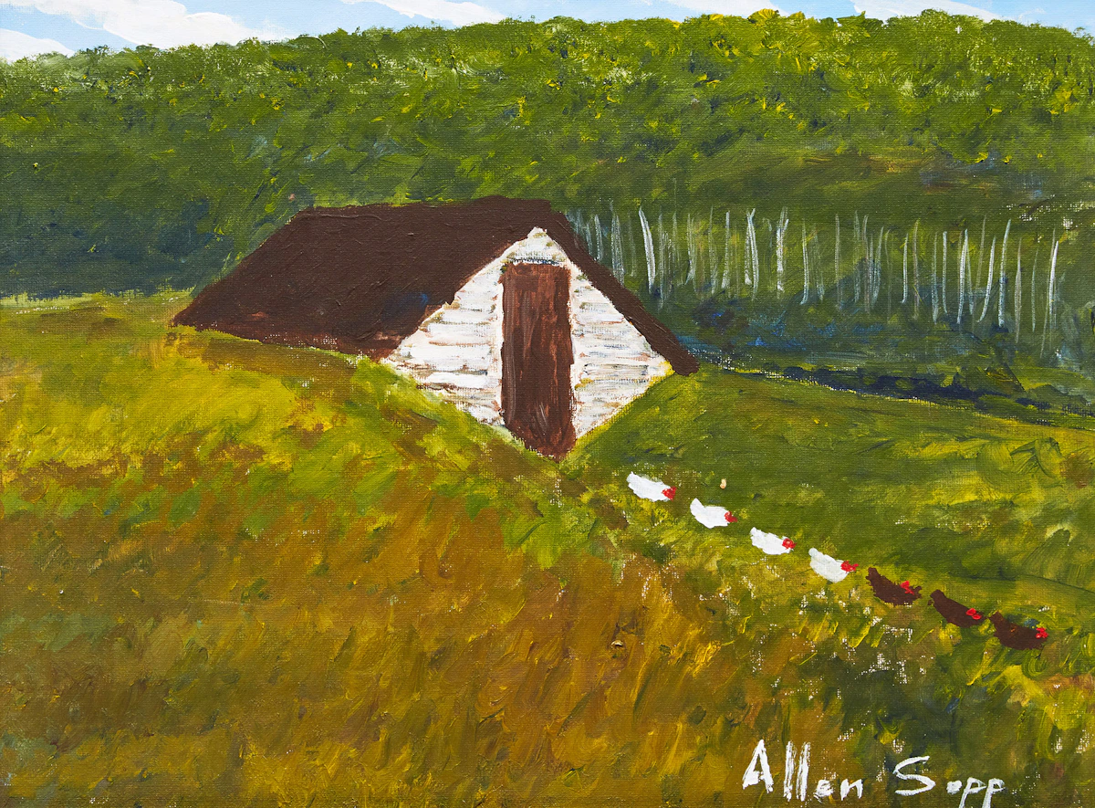 Allen Sapp, Chickens in the Yard, acrylic on canvas