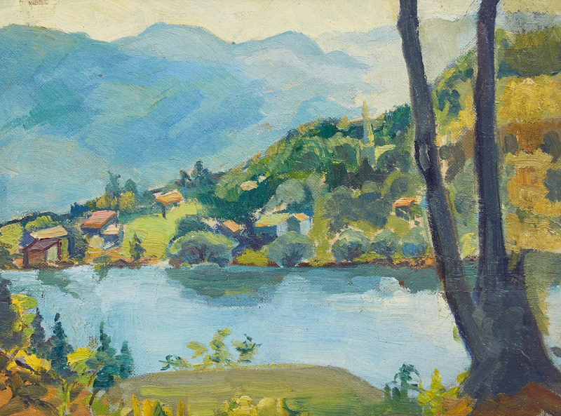 Cottages by a Lake (small tree sketch verso) by Françoise Pagnuelo