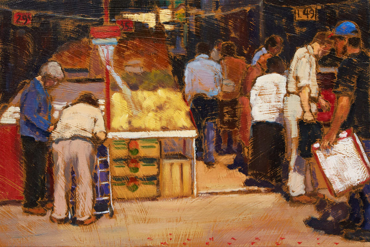 Richard Montpetit, Va et vient au marché , oil on canvas, 2005