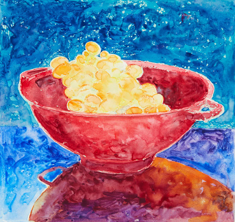 Mary Pratt, Grapes in a Colander, mixed media on paper