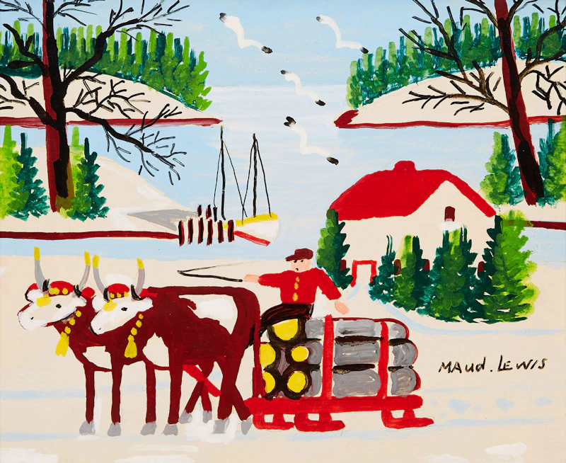 Maud Lewis, Oxen Hauling Logs in Winter, mixed media on board
