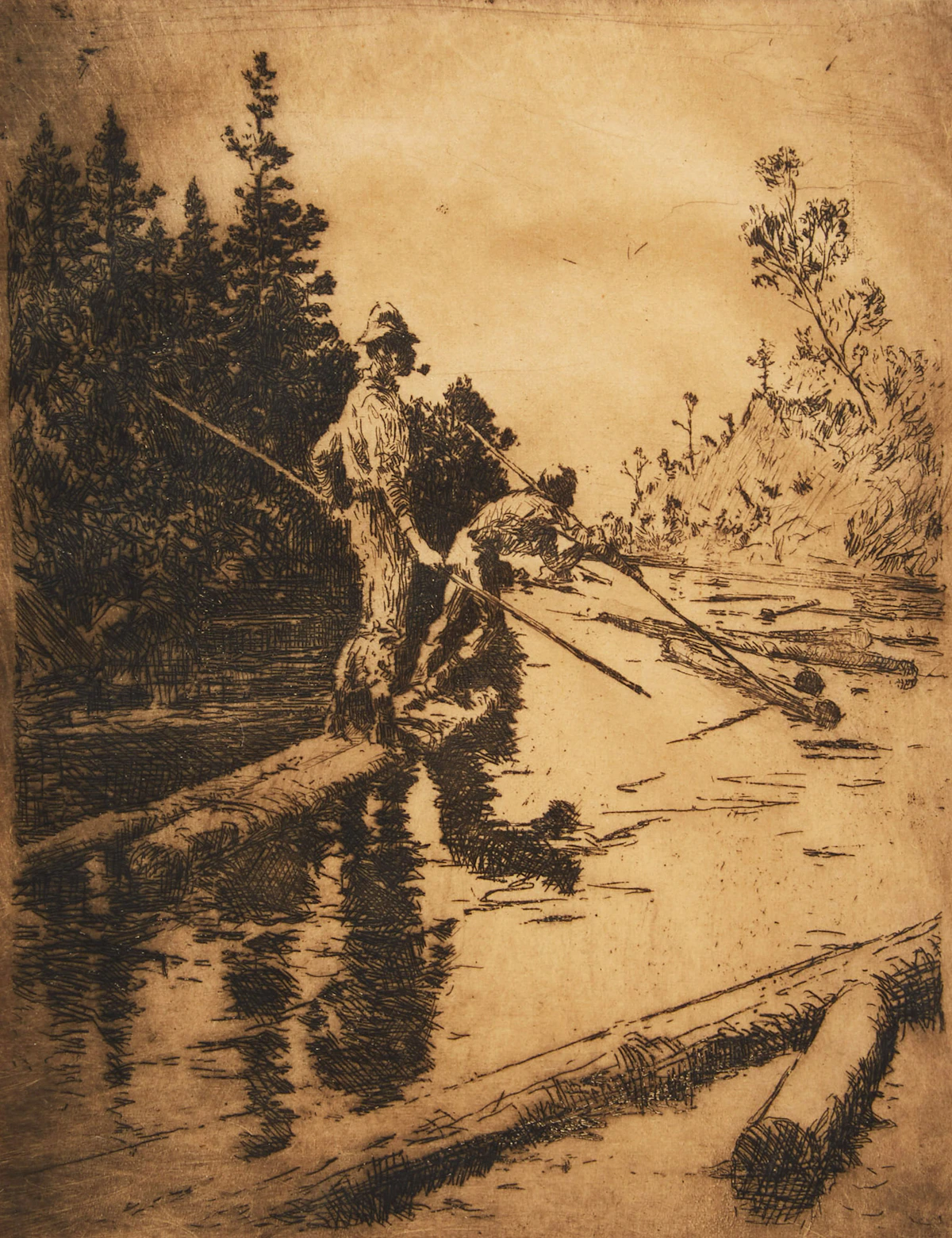 Frank Weston Benson, River Drifter)s (River Drivers, etching, 1914