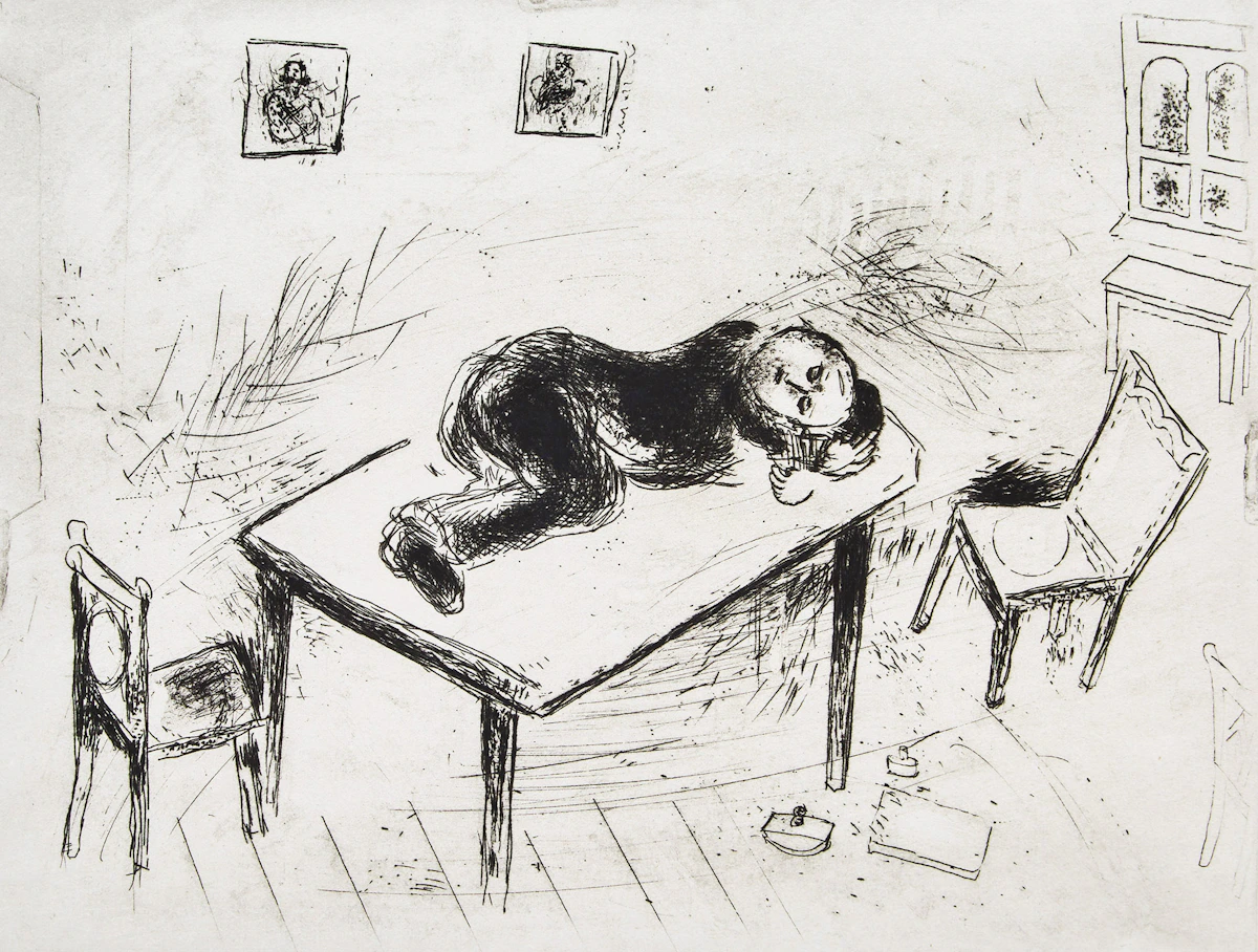Marc Chagall, Man on a Table (from Les Ames Mortes by Nikolai Gogol) (Cramer 17), etching
