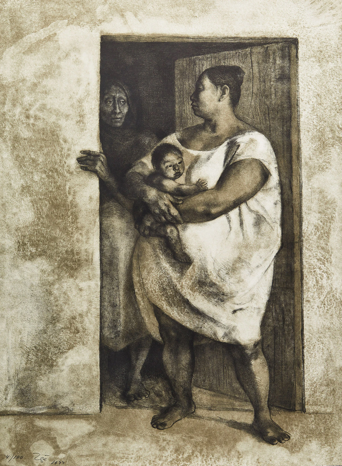Francisco Zúñiga,  Mujeres Con Nino En La Puerta, lithograph