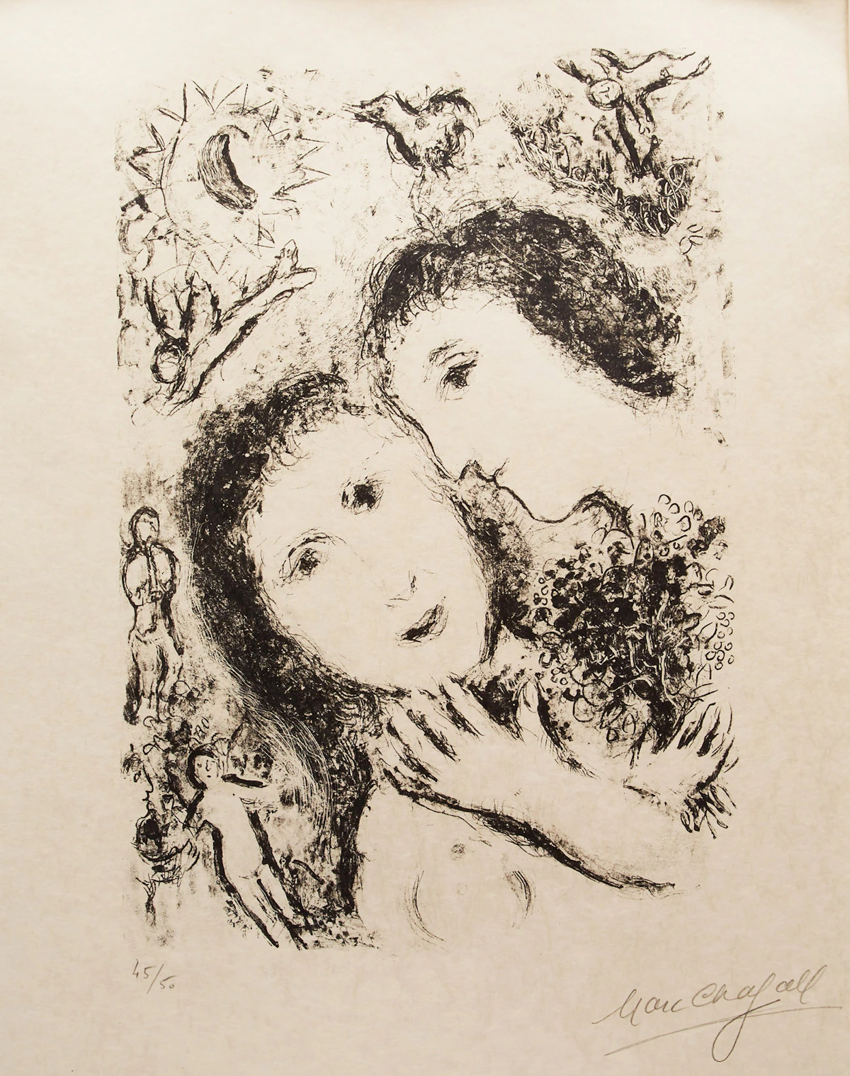 Marc Chagall, Le couple aux Anges (Mourlot 940), lithograph on Japon nacré
