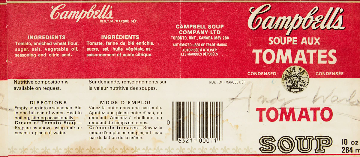 Andy Warhol, Autographed Campbell’s Tomato Soup Can Label, can label