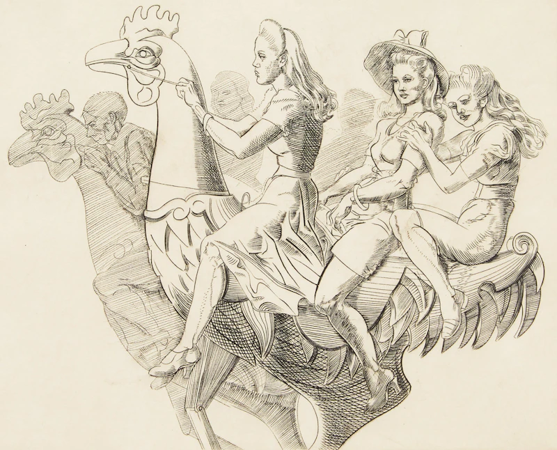 Three Girls on a Chicken (Sasowsky 214) by Reginald Marsh