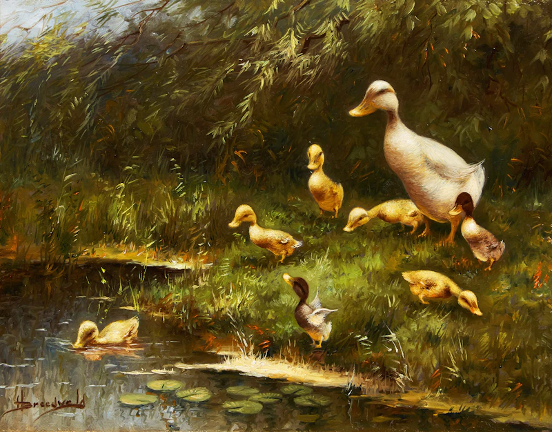 Hendrik Breedveld, Mother and Ducklings at Water’s Edge, oil on canvas