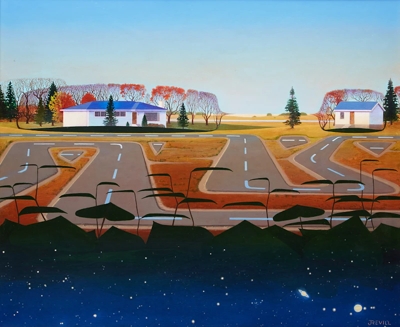 John Revill, Beyond the Houses , acrylic on board
