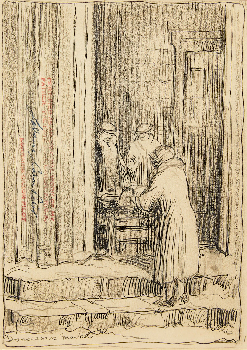 Paul Archibald Caron, Bonsecours Market, double-sided pencil on paper