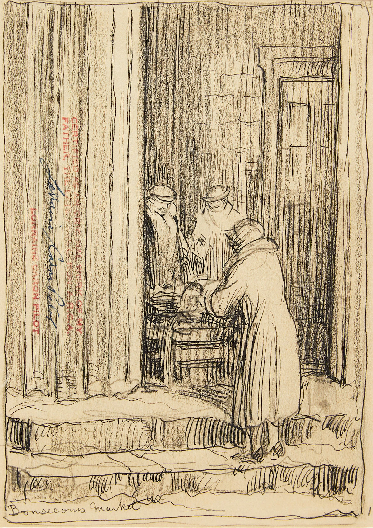 Paul Archibald Caron, Bonsecours Market, double-sided pencil on paper