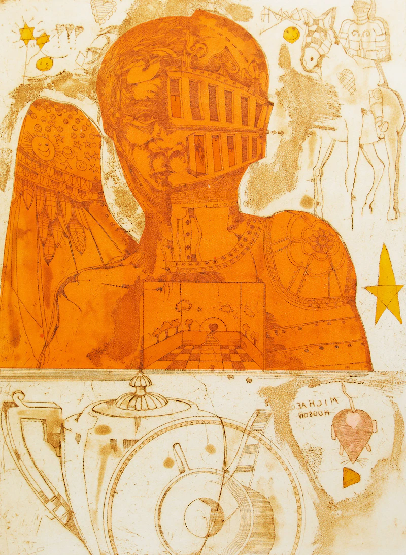 Susan Hudson, Tea and Red Knight, etching in colours