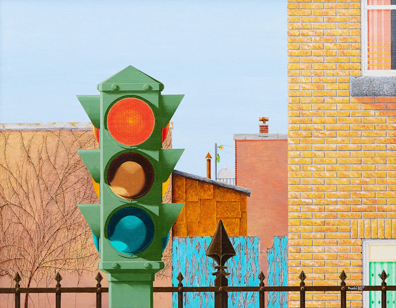 Léopol Bourjoi, Mon quartier feu rouge, acrylic on canvas board