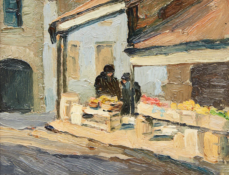 Paul Archibald Caron, Fruit and Flower Vendors, Bonsecours Market, oil on panel