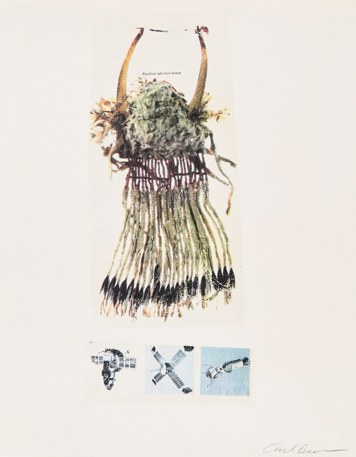 Carl Beam, Blackfoot split-horn bonnet; Robert Johnson; Durer, three mixed media on paper