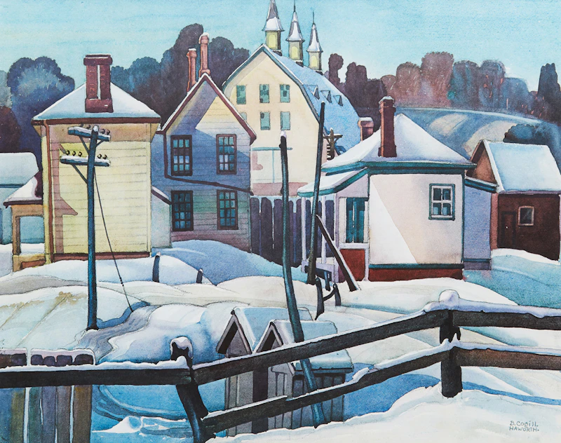 Peter & Bobs Cogill Haworth, Village in Winter; Winter Village Scene; Village in Spring; Autumn Village Scene, four photolithographic reproduction prints
