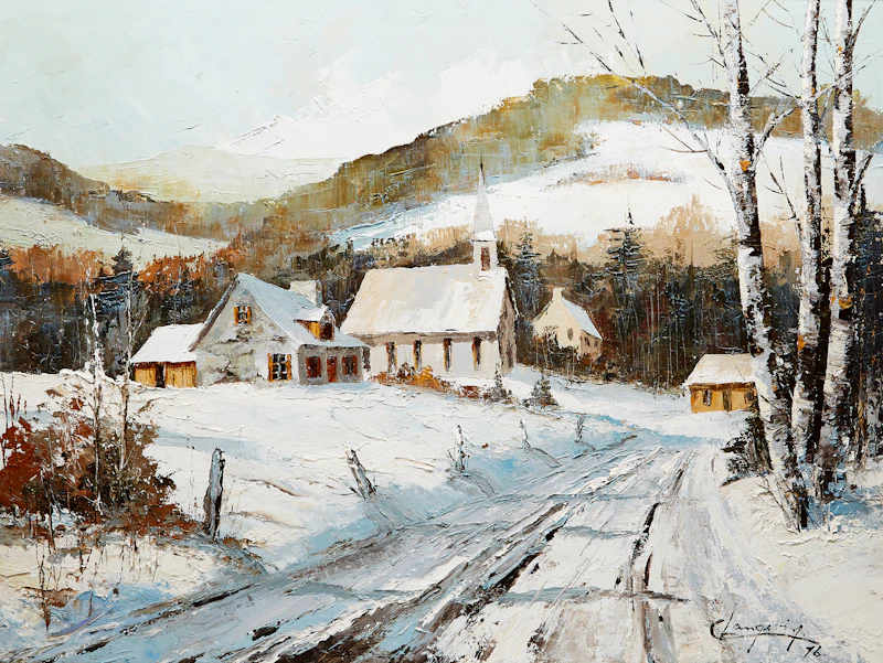 Claude Langevin, Village in Winter, oil on canvas