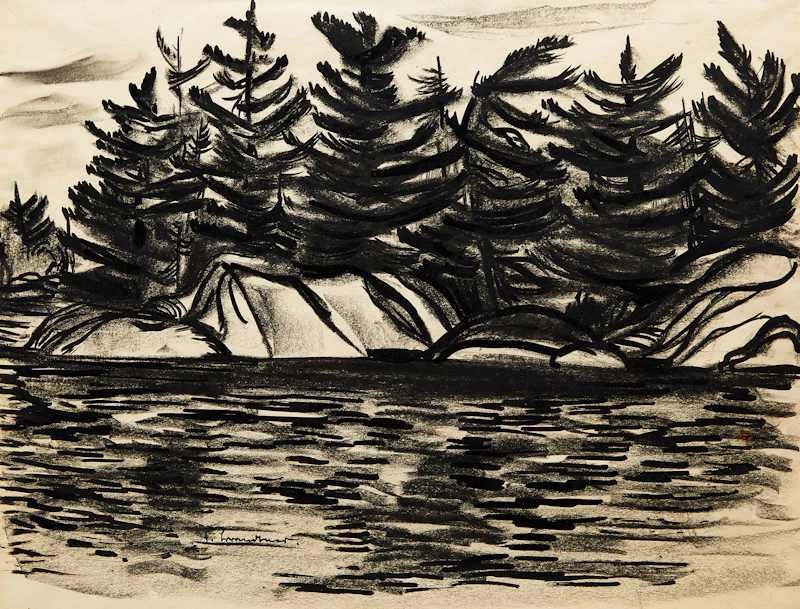 Fritz Brandtner, Untitled (Trees on a Rocky Shore), ink and charcoal on paper