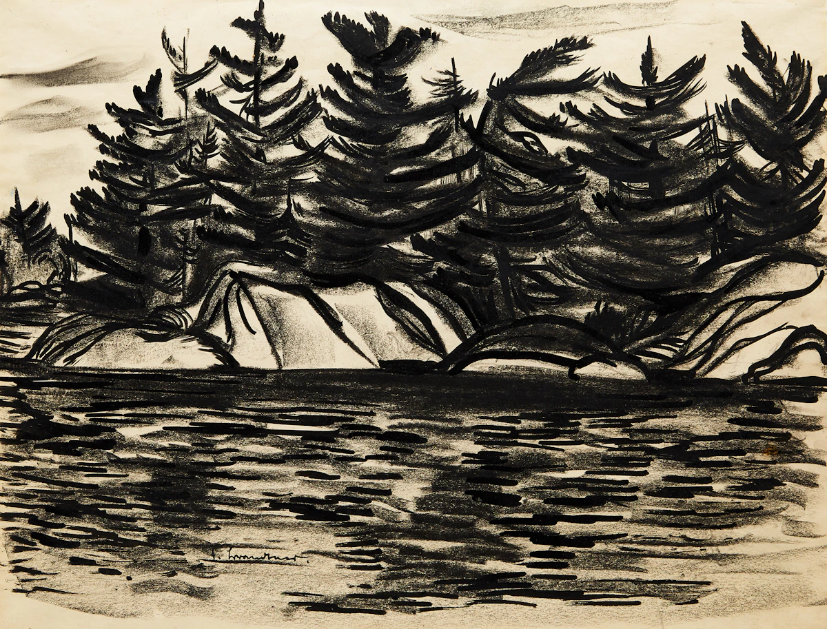 Fritz Brandtner, Untitled (Trees on a Rocky Shore), ink and charcoal on paper