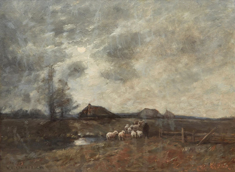 William Edwin Atkinson, Moonlight, Holland, oil on masonite