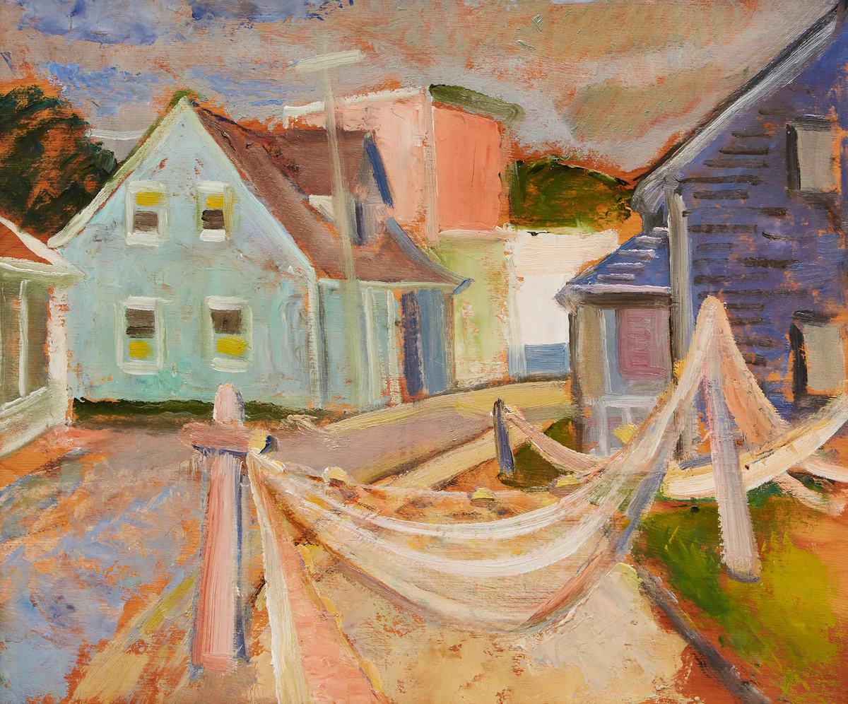 Anne Douglas Savage, Drying Fish Nets, oil on board, circa 1940