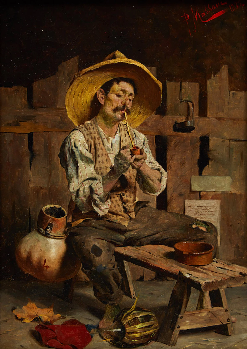 Pompeo Massani, A Quiet Smoke; The Frugal Meal, pair of oils on canvas