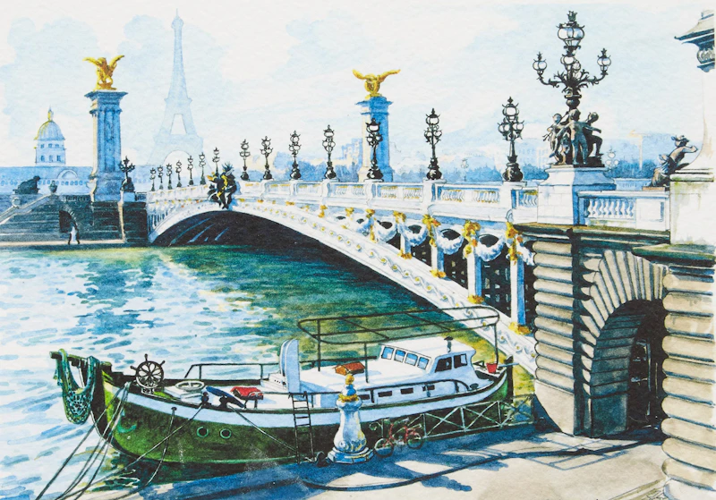 Niko Dhales, View of the Eiffel Tower; View of Notre Dame; Shakespeare and Company Bookstore, three watercolours