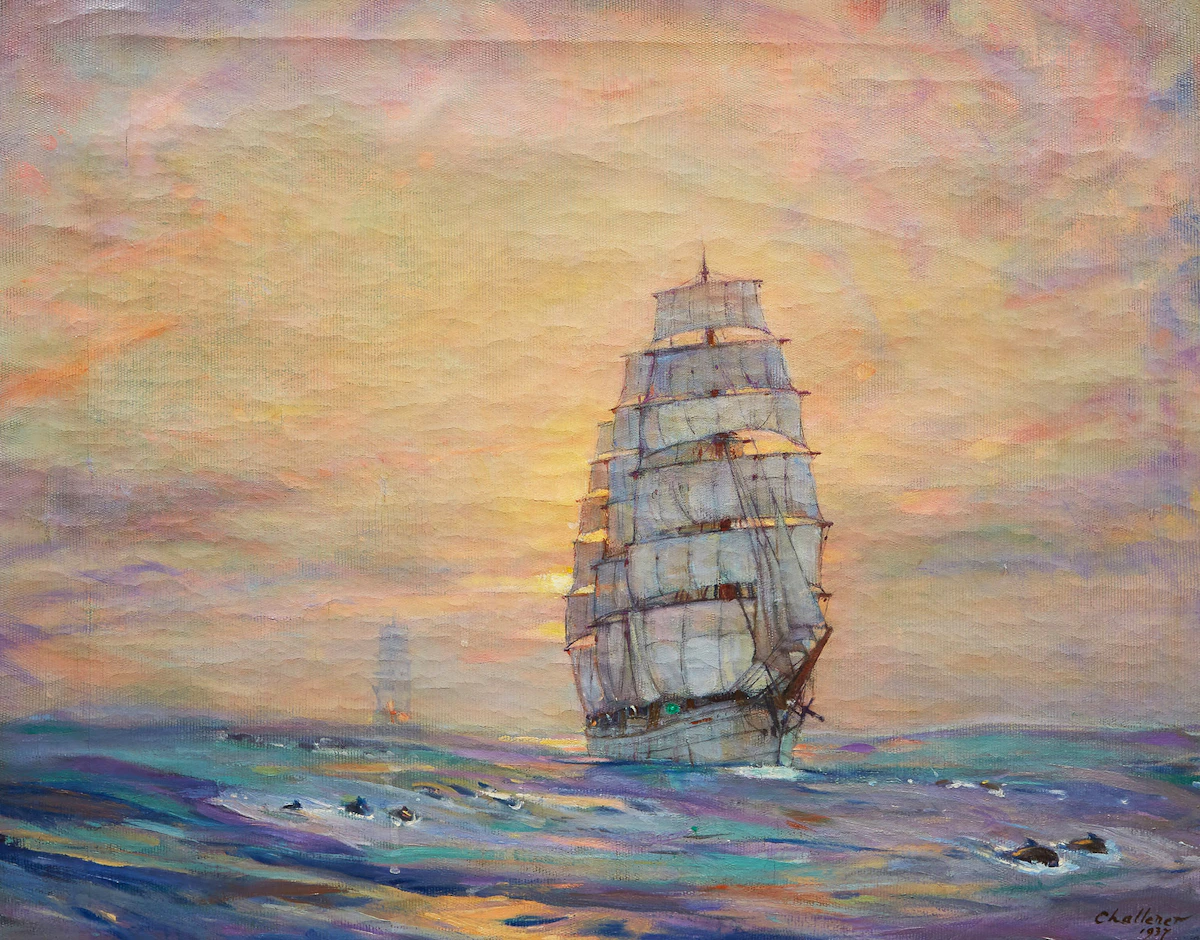 Frederick Sproston Challener, Clippers at Sunset, oil on canvas, 1937
