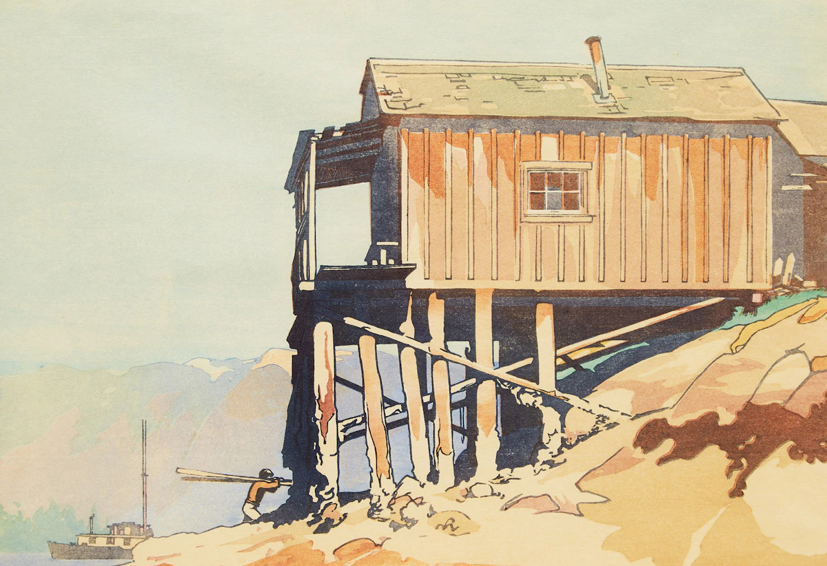 Walter Joseph Phillips, Gerran’s Bay, Pender Harbour, BC , colour woodcut, 1935