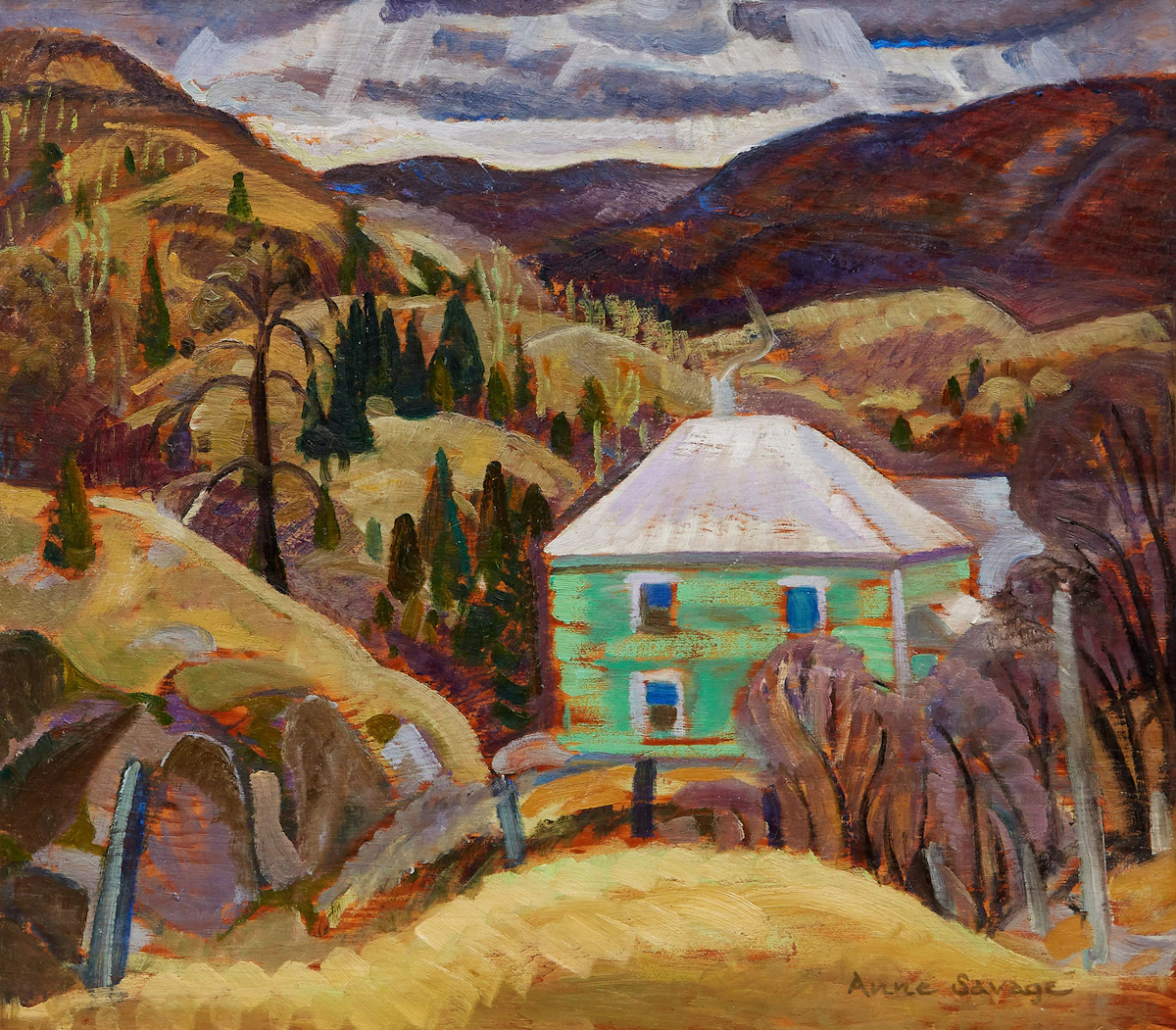 Anne Douglas Savage, House in the Hills / Hills & Trees, oil on board