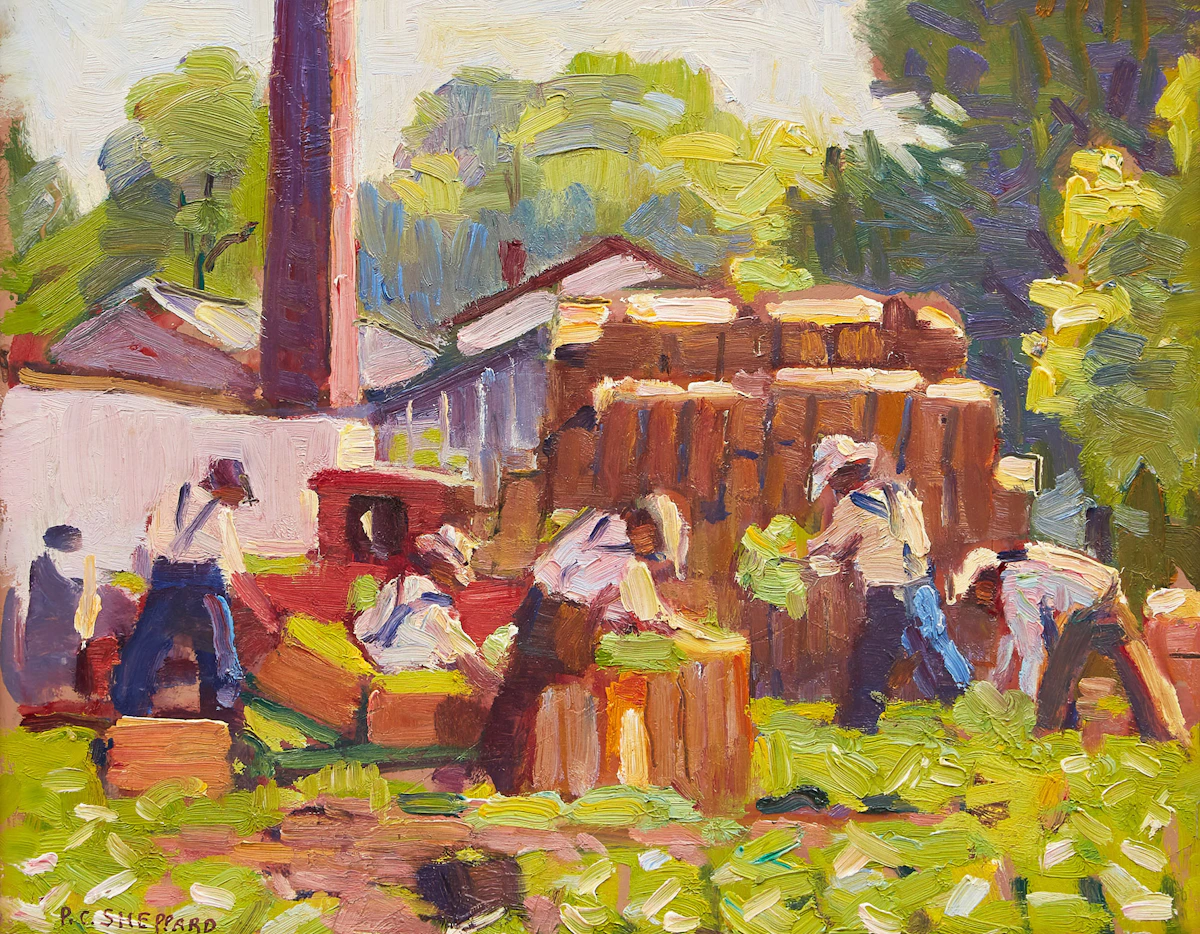 Peter Clapham Sheppard, Market Garden Activity, Humber River, Lambton, Ont, oil on board