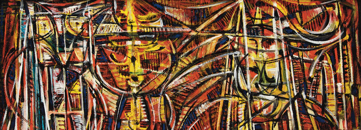 Jean-Philippe Dallaire, Les masques, oil on board, 1957