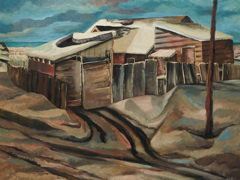 Jack Leonard Shadbolt, Winter Barns, watercolour and gouache