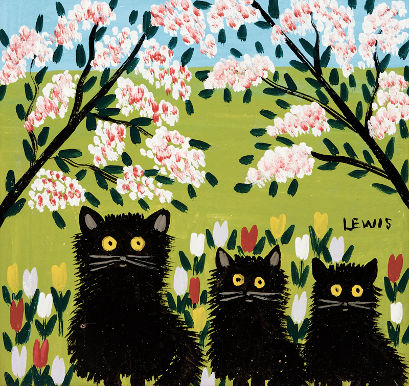 Maud Lewis, Three Black Cats, mixed media on board