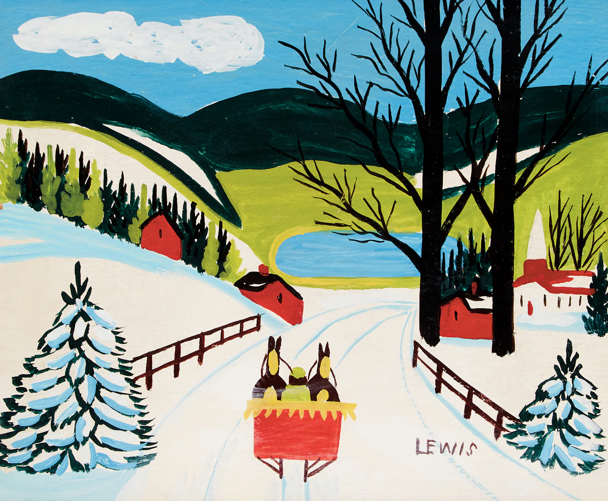 Maud Lewis, Winter Sleighride, mixed media on board, 1964