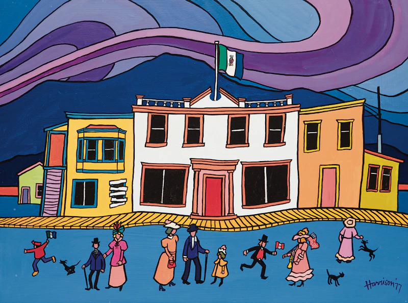 Ted Harrison, Discovery Day, Dawson City, acrylic on canvas board