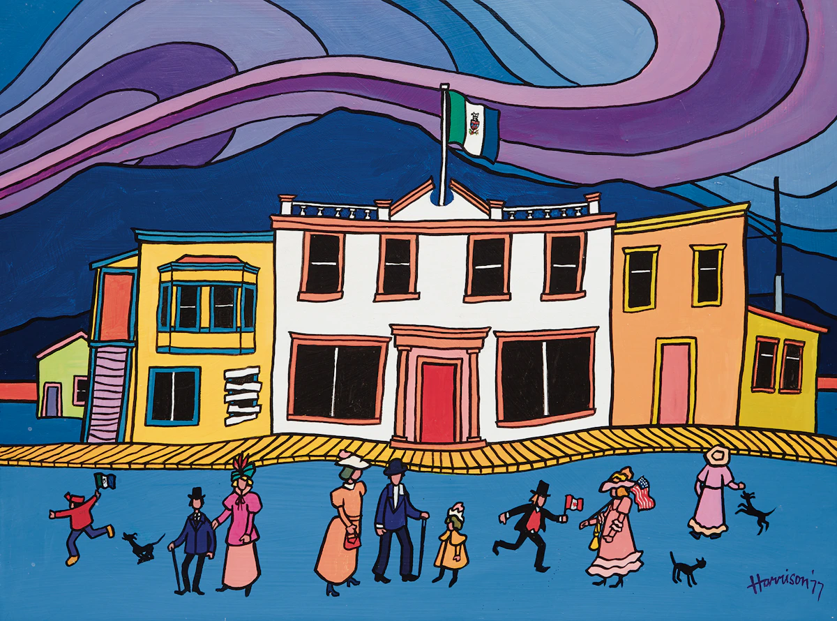 Ted Harrison, Discovery Day, Dawson City, acrylic on canvas board, 1977