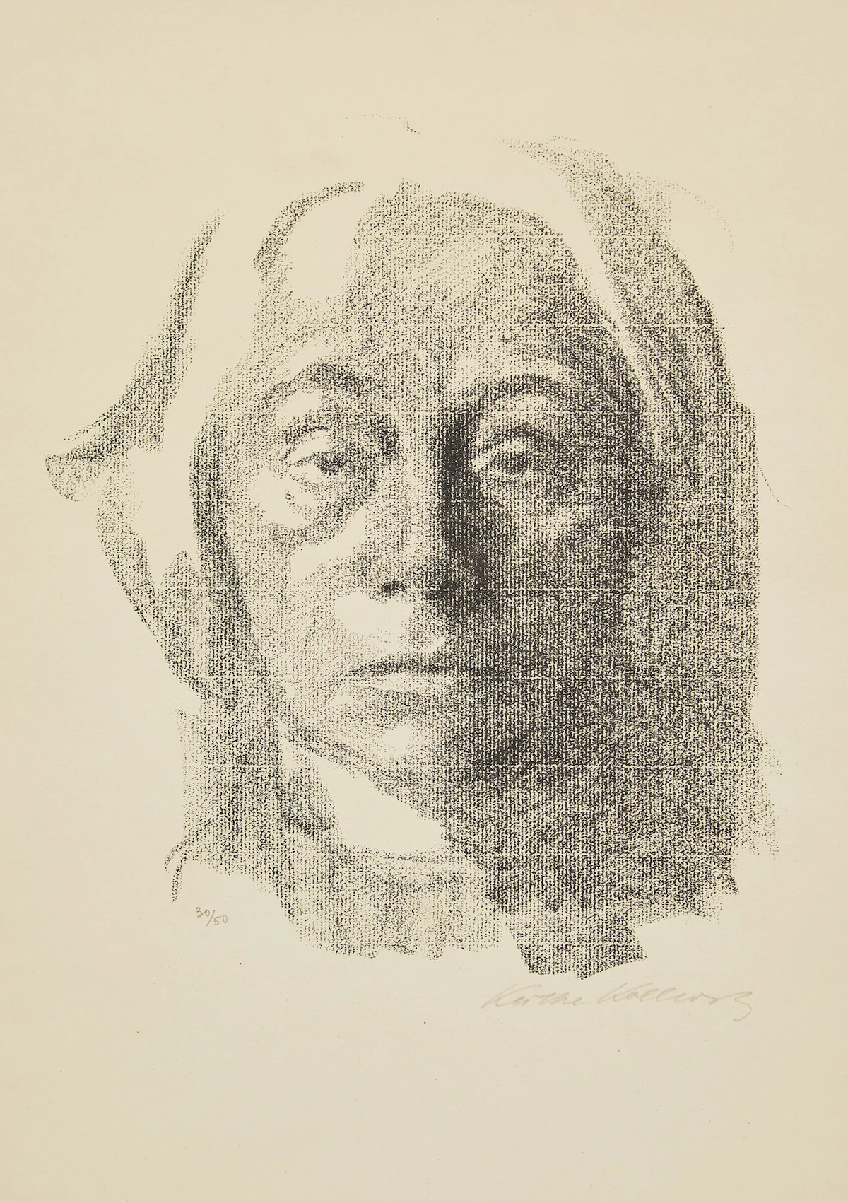 Käthe Kollwitz, Selbstbildnis (Self-Portrait) (Klipstein 130), lithograph, 1915