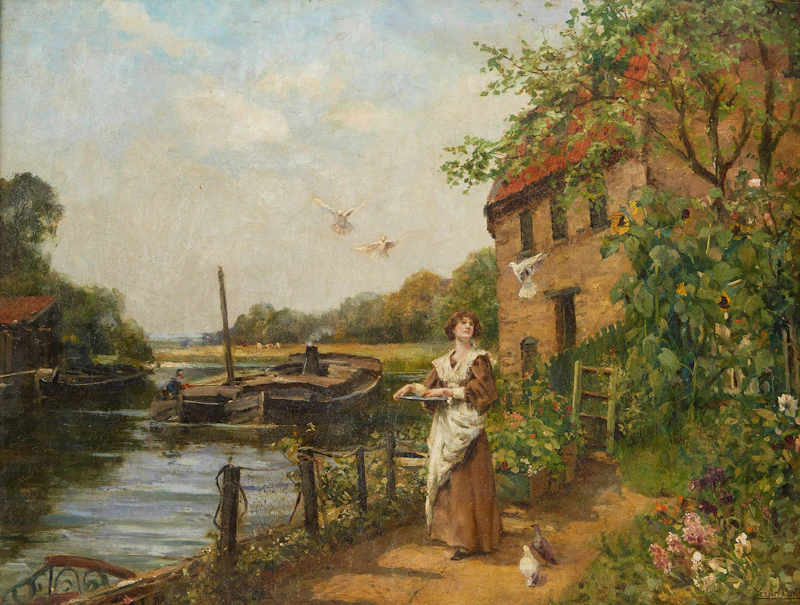 A Young Woman Feeding Doves by Henry John Yeend King