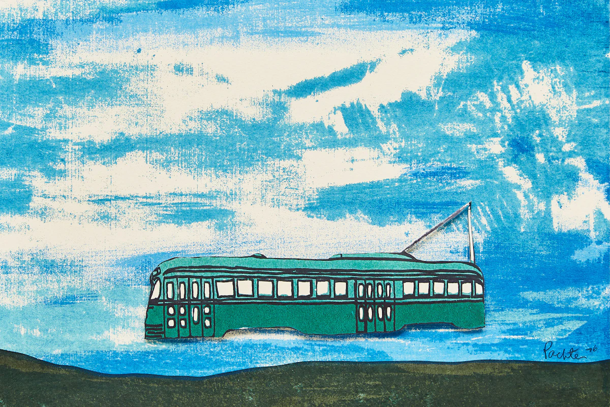 Charles Pachter, Flying Streetcar, lithograph, 1976
