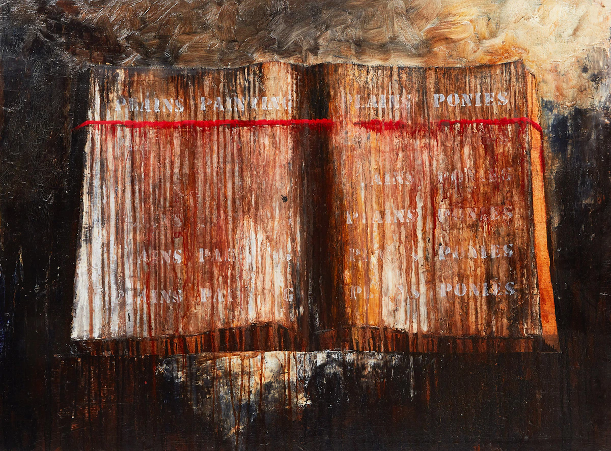 Kevin Sonmor, Plains Painting, Plains Ponies, oil on burlap, 1991