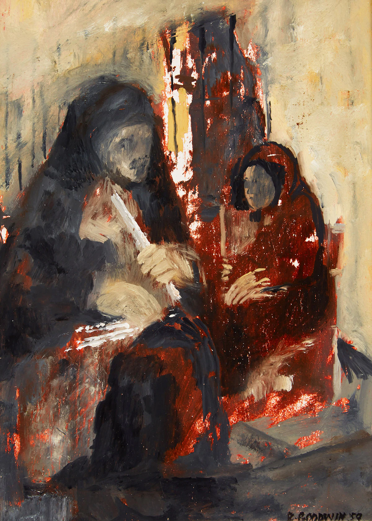 Betty Roodish Goodwin, The Candle Sellers, oil on masonite, 1959