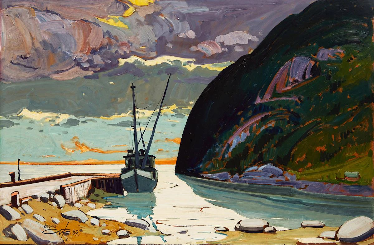 Bruno Côté, Le St-André à Port-au-Persil, oil on masonite, 1983