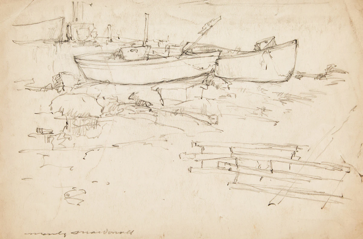 Manly Edward MacDonald, Boats at Shore; Cathedral, two pencil drawings