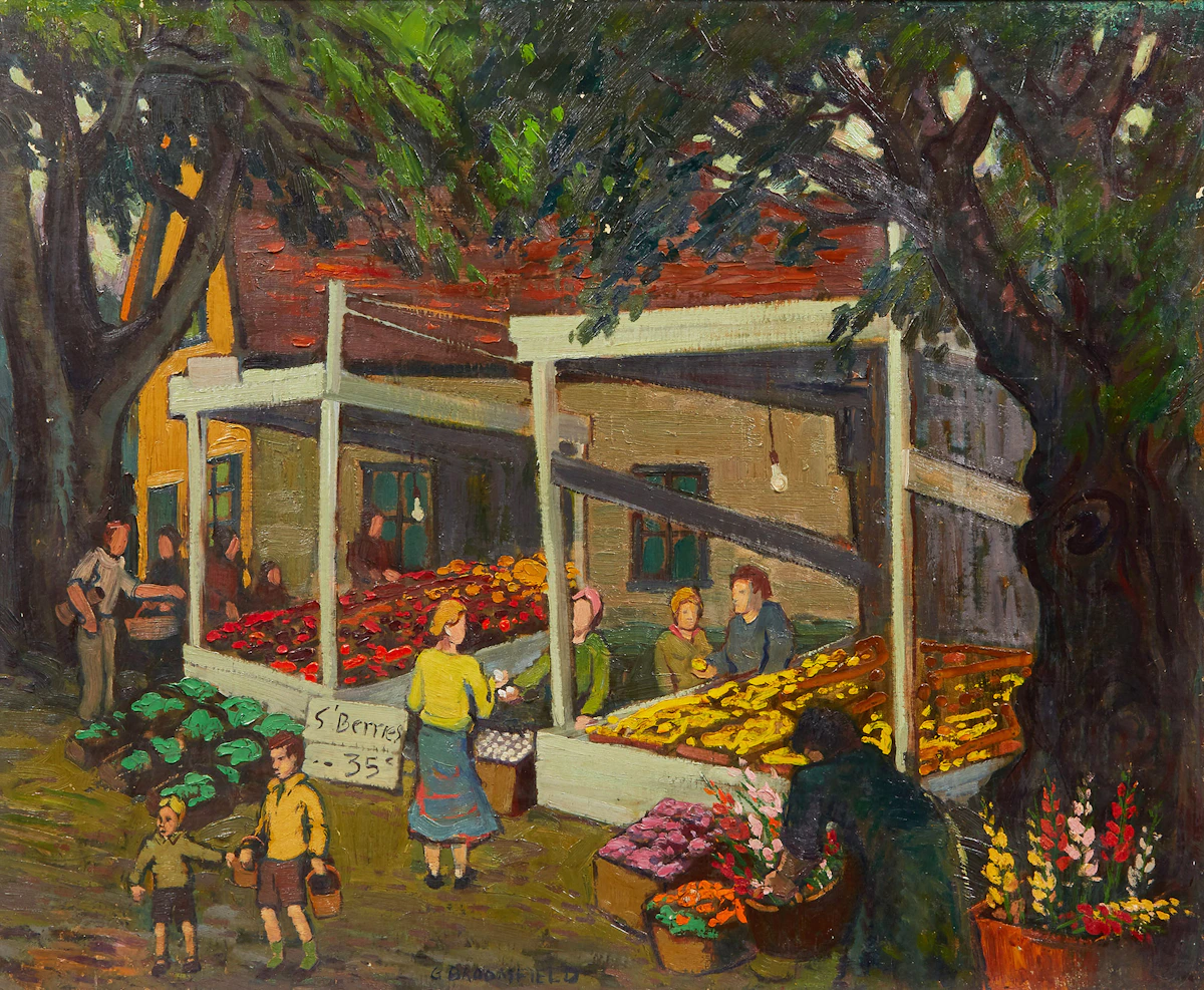 Adolphus George Broomfield, Mrs. Turpil’s Market (Cooksville, Ontario), oil on canvas board, 1948