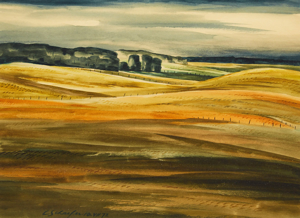 Carl Fellman Schaefer, Evening Light Near Roseville, Waterloo County, watercolour, 1972