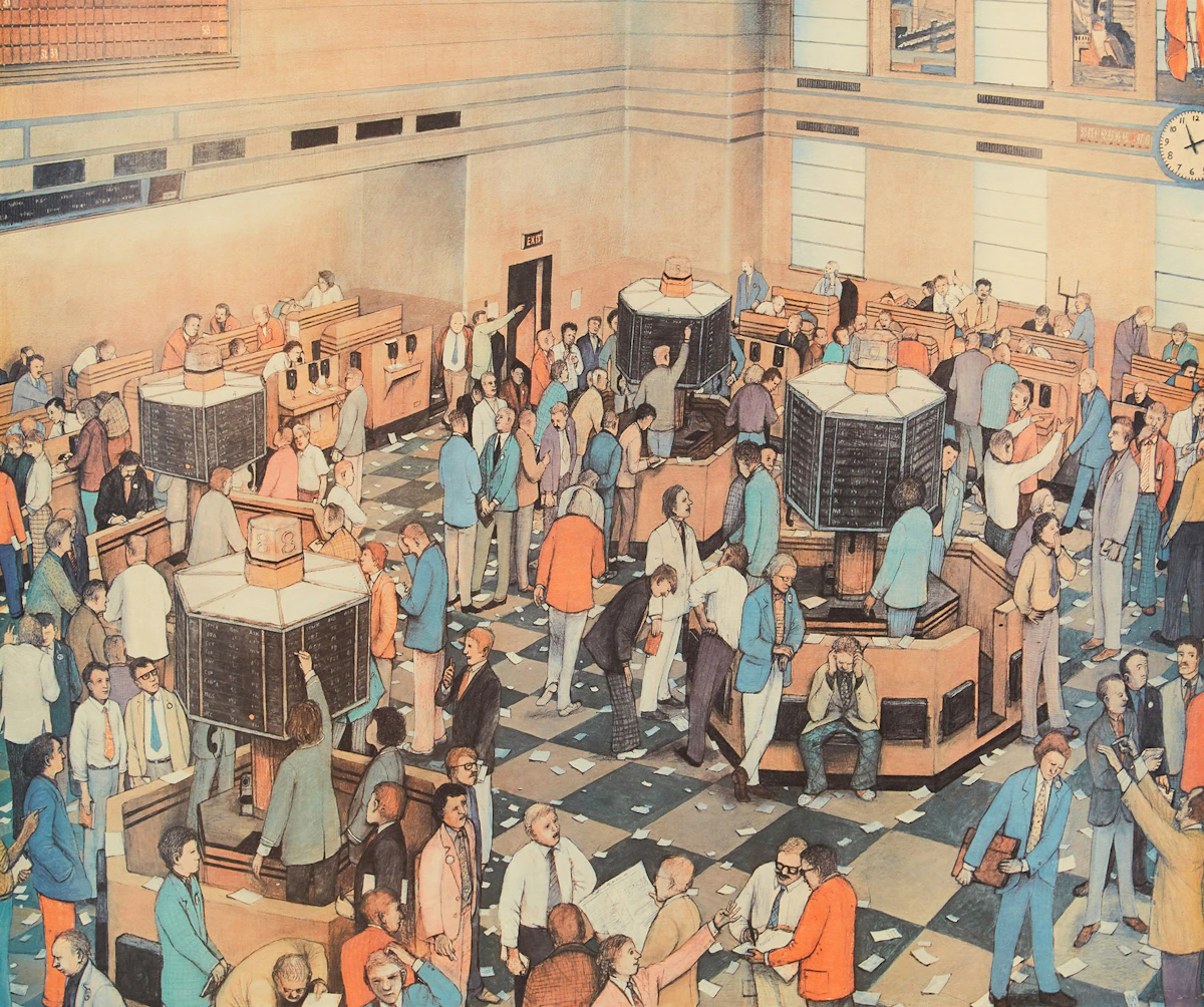 William Kurelek, Light Trading Day, Toronto Stock Exchange, lithograph in colours